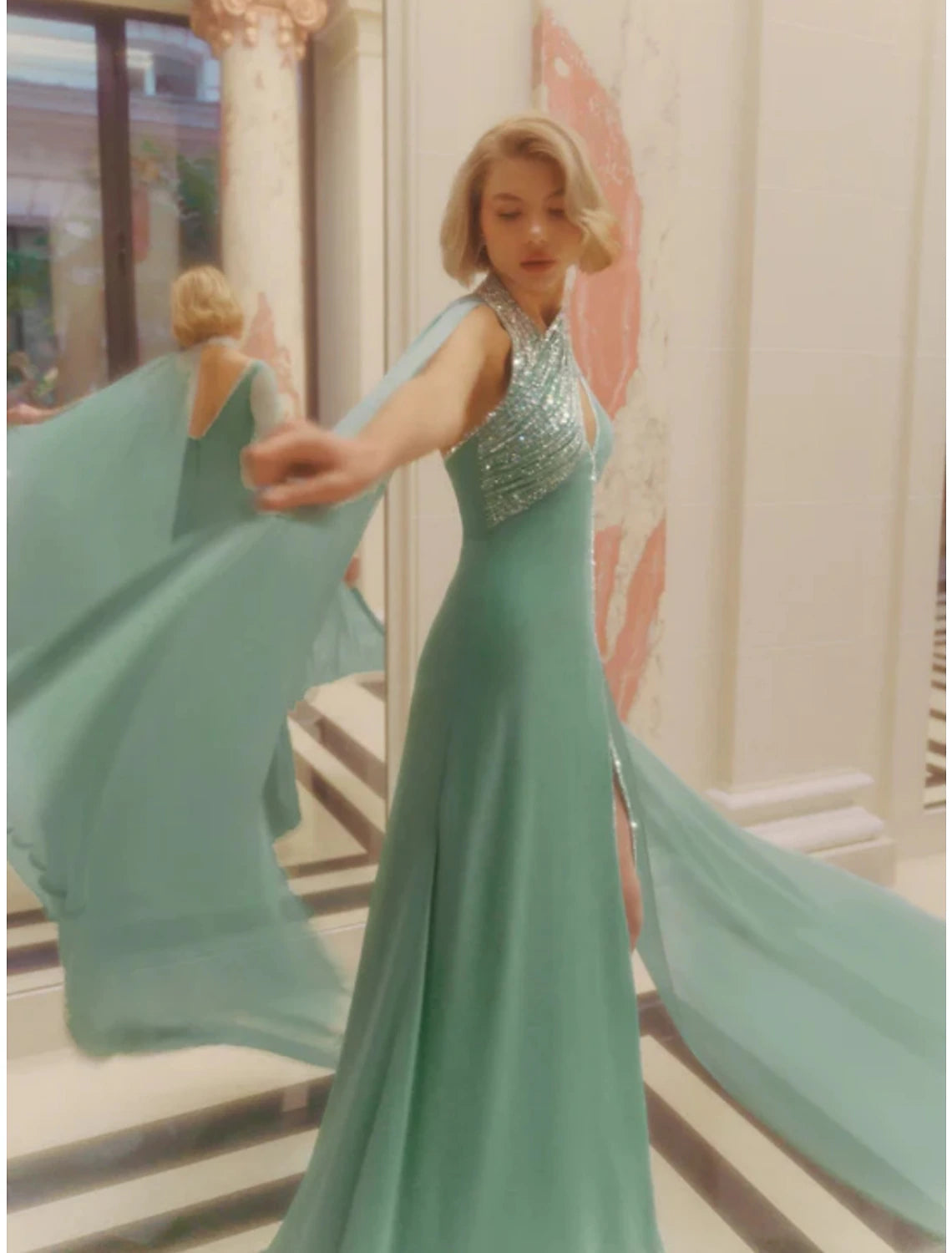 A-Linie Abendkleid Elegantes Kleid Formelle Hofschleppe Ärmellos V-Ausschnitt Pailletten mit Glitzer Falten Schlitz